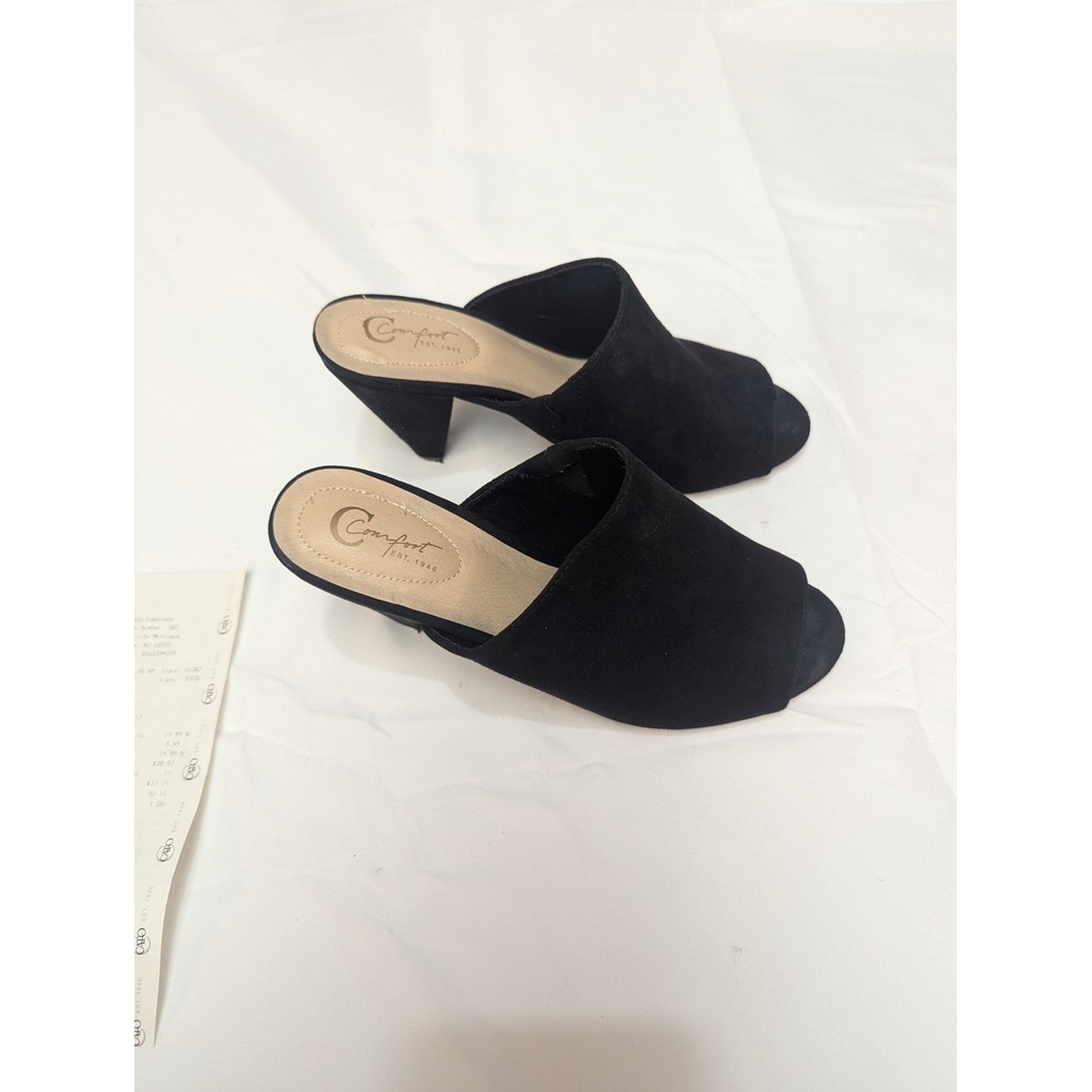 Cato Comfort Mules Womens 7 Black Faux Suede Peep Toe Block Heel